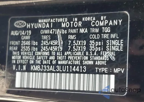 2020 Hyundai Tucson Sport from USA, damaged, VIN KM8J33AL3LU114413